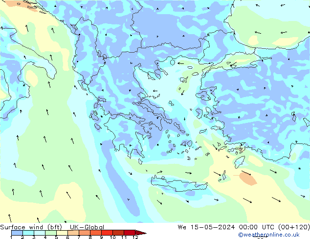 Viento 10 m (bft) UK-Global mié 15.05.2024 00 UTC