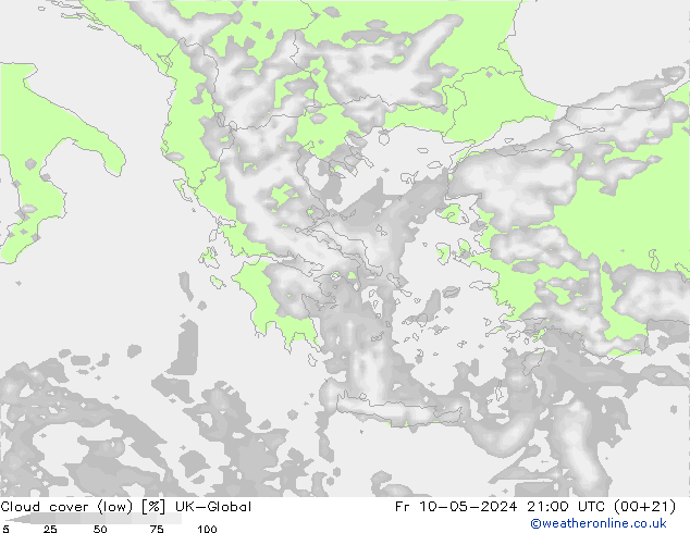 Cloud cover (low) UK-Global Fr 10.05.2024 21 UTC