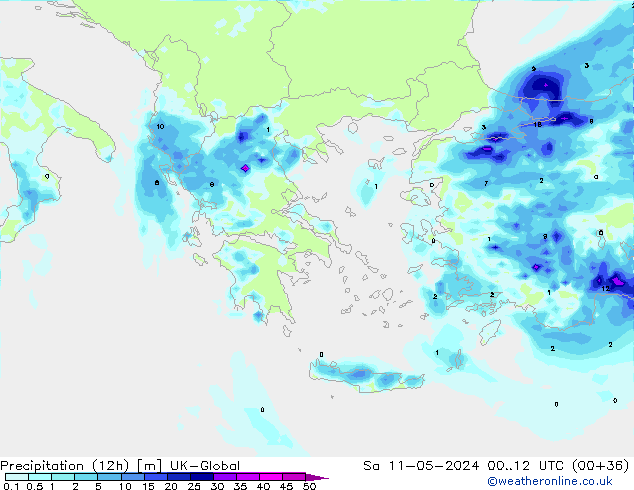 Totale neerslag (12h) UK-Global za 11.05.2024 12 UTC