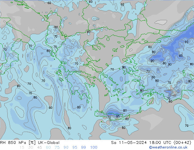 Humedad rel. 850hPa UK-Global sáb 11.05.2024 18 UTC