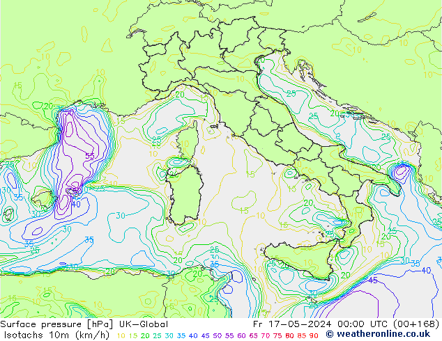 Isotachs (kph) UK-Global Pá 17.05.2024 00 UTC