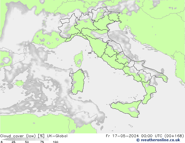 Cloud cover (low) UK-Global Fr 17.05.2024 00 UTC