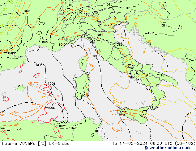 Theta-e 700hPa UK-Global Tu 14.05.2024 06 UTC