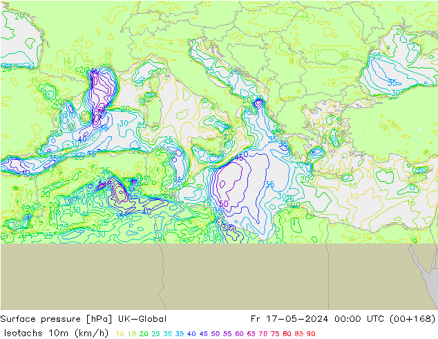 Isotachs (kph) UK-Global ven 17.05.2024 00 UTC