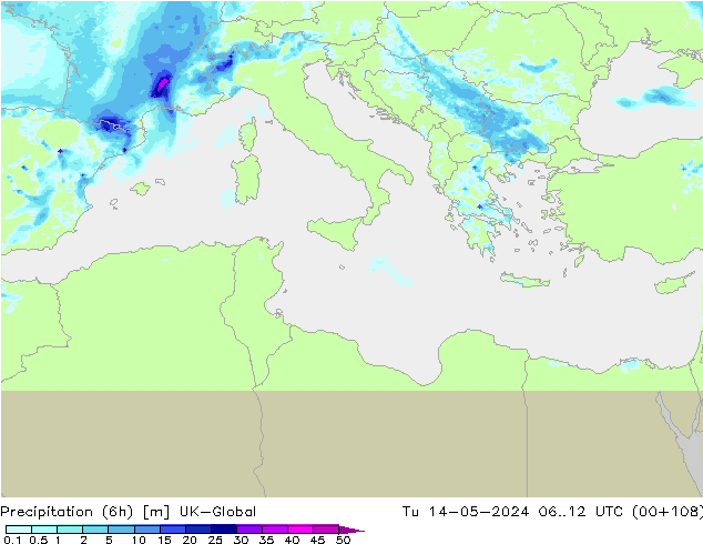 Precipitazione (6h) UK-Global mar 14.05.2024 12 UTC