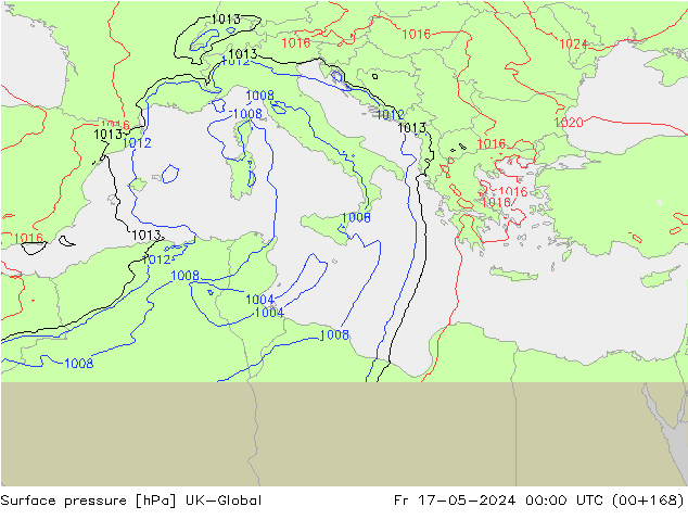 Pressione al suolo UK-Global ven 17.05.2024 00 UTC