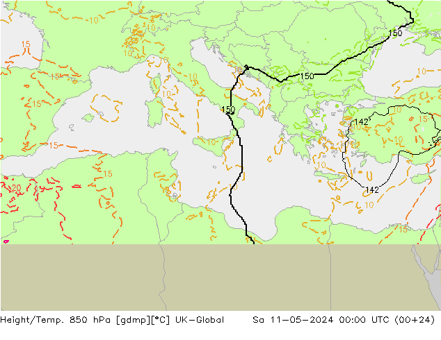 Height/Temp. 850 hPa UK-Global sab 11.05.2024 00 UTC