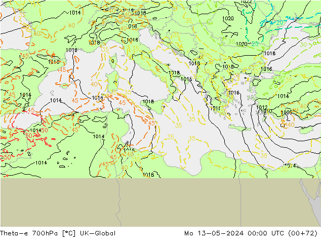 Theta-e 700гПа UK-Global пн 13.05.2024 00 UTC