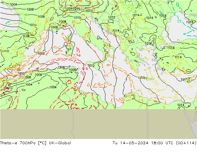 Theta-e 700hPa UK-Global wto. 14.05.2024 18 UTC