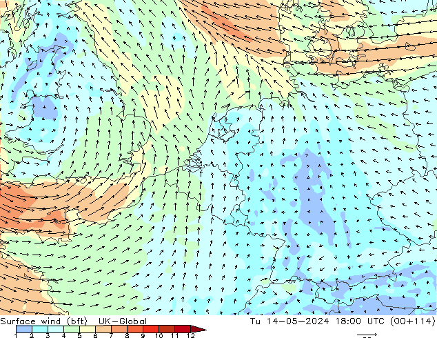 Surface wind (bft) UK-Global Út 14.05.2024 18 UTC
