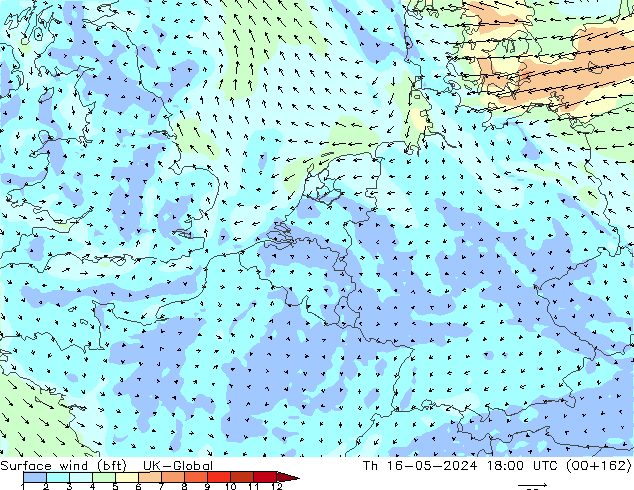 Rüzgar 10 m (bft) UK-Global Per 16.05.2024 18 UTC