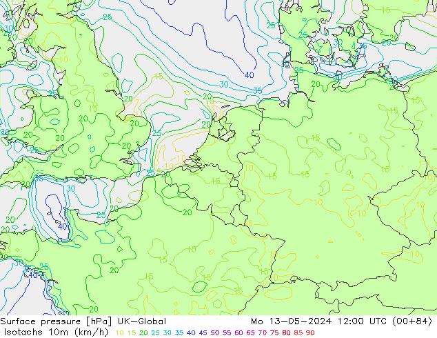 Isotachs (kph) UK-Global lun 13.05.2024 12 UTC
