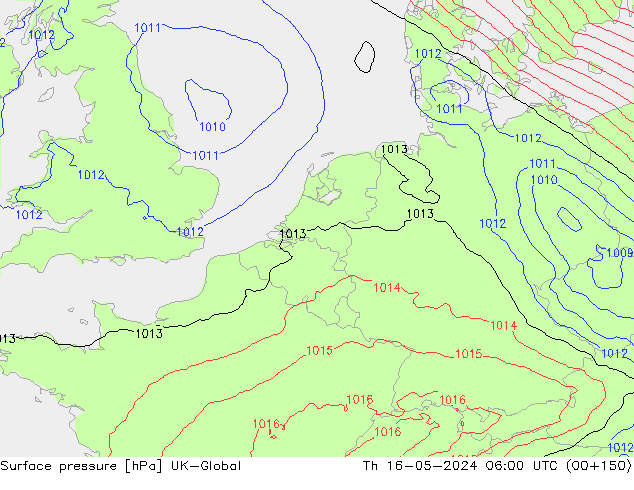 Pressione al suolo UK-Global gio 16.05.2024 06 UTC