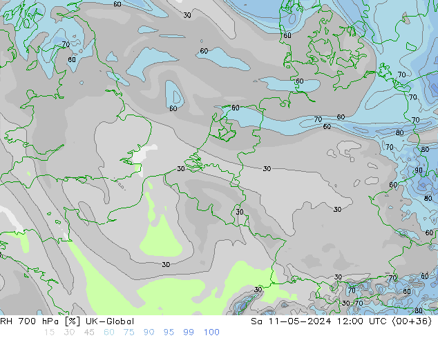 Humedad rel. 700hPa UK-Global sáb 11.05.2024 12 UTC