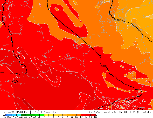 Theta-W 850hPa UK-Global So 12.05.2024 06 UTC