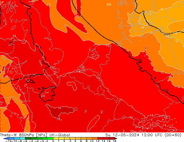 Theta-W 850hPa UK-Global nie. 12.05.2024 12 UTC