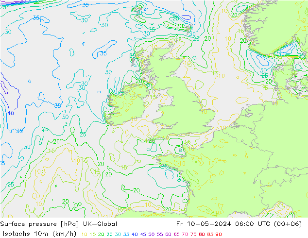 Isotachen (km/h) UK-Global vr 10.05.2024 06 UTC