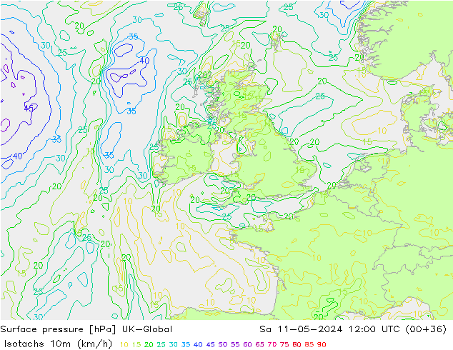 Isotachs (kph) UK-Global Sa 11.05.2024 12 UTC