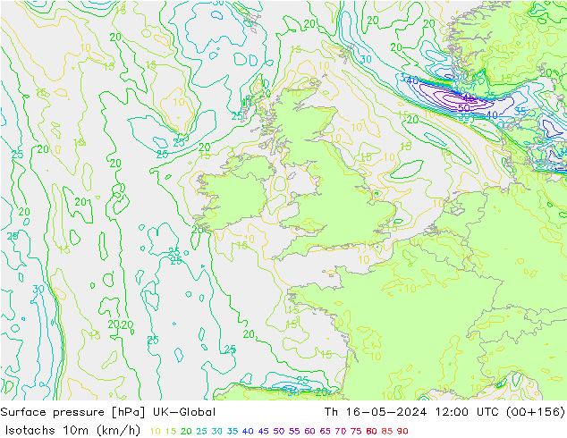 Isotaca (kph) UK-Global jue 16.05.2024 12 UTC