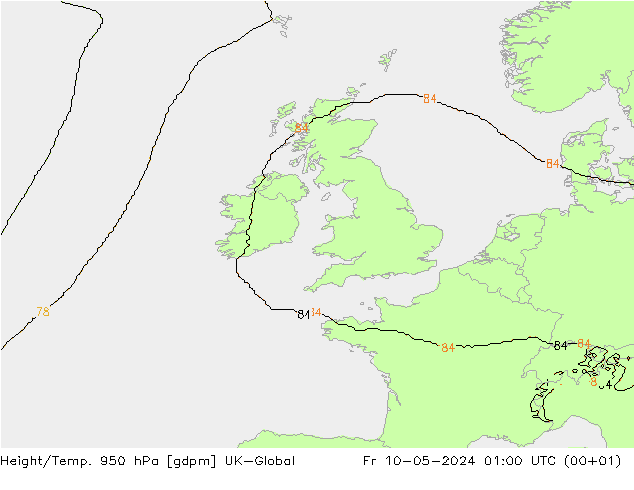 Height/Temp. 950 hPa UK-Global Fr 10.05.2024 01 UTC