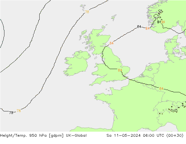 Hoogte/Temp. 950 hPa UK-Global za 11.05.2024 06 UTC