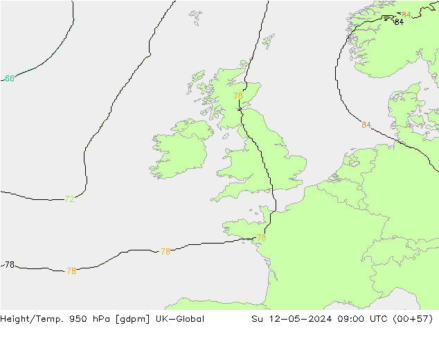 Yükseklik/Sıc. 950 hPa UK-Global Paz 12.05.2024 09 UTC