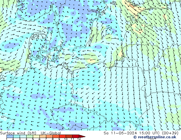 Surface wind (bft) UK-Global Sa 11.05.2024 15 UTC