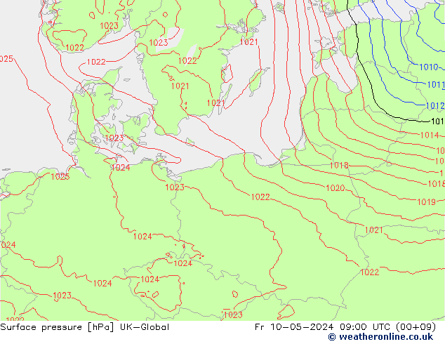 Atmosférický tlak UK-Global Pá 10.05.2024 09 UTC
