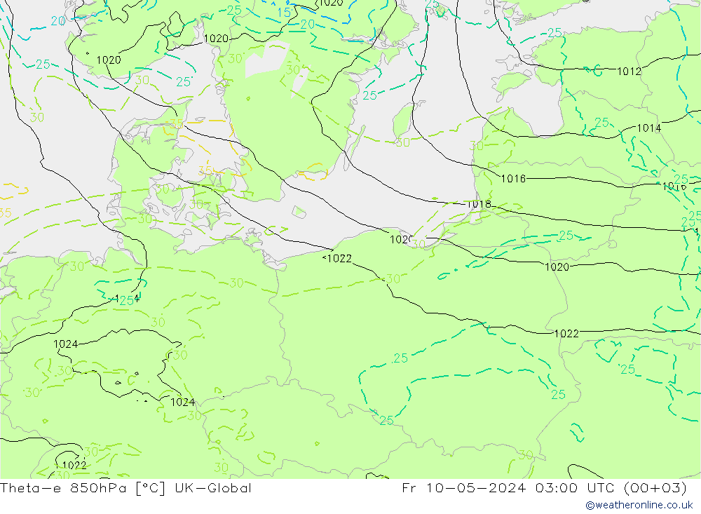 Theta-e 850hPa UK-Global ven 10.05.2024 03 UTC