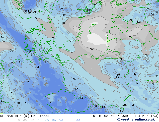 Humidité rel. 850 hPa UK-Global jeu 16.05.2024 06 UTC