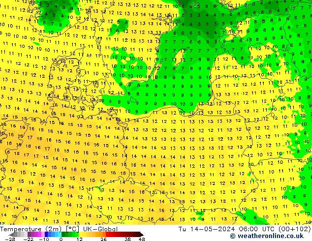 Temperature (2m) UK-Global Tu 14.05.2024 06 UTC