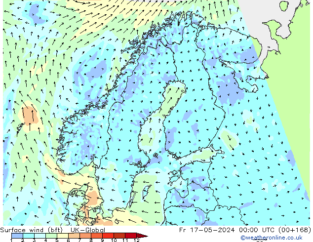 Surface wind (bft) UK-Global Fr 17.05.2024 00 UTC