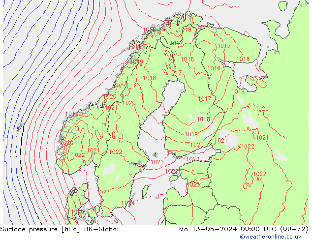 Surface pressure UK-Global Mo 13.05.2024 00 UTC