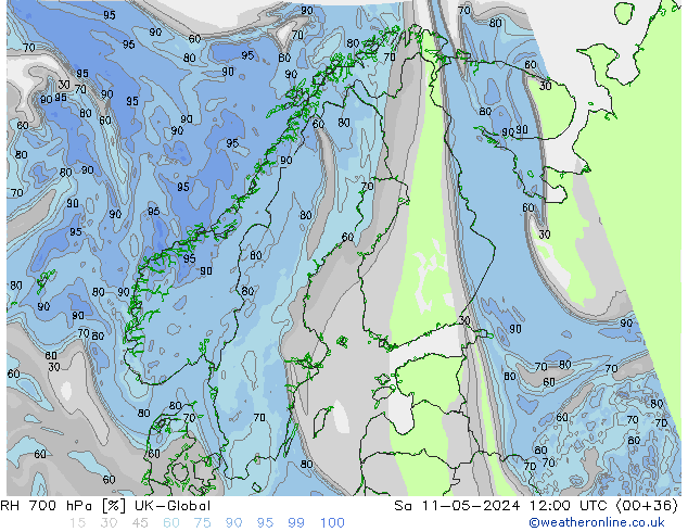 RH 700 hPa UK-Global sab 11.05.2024 12 UTC