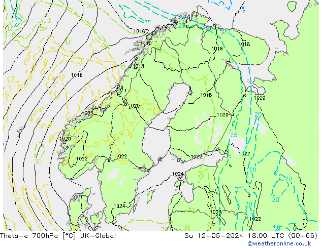 Theta-e 700hPa UK-Global Su 12.05.2024 18 UTC