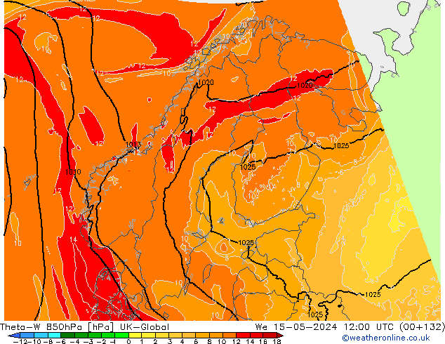 Theta-W 850hPa UK-Global śro. 15.05.2024 12 UTC