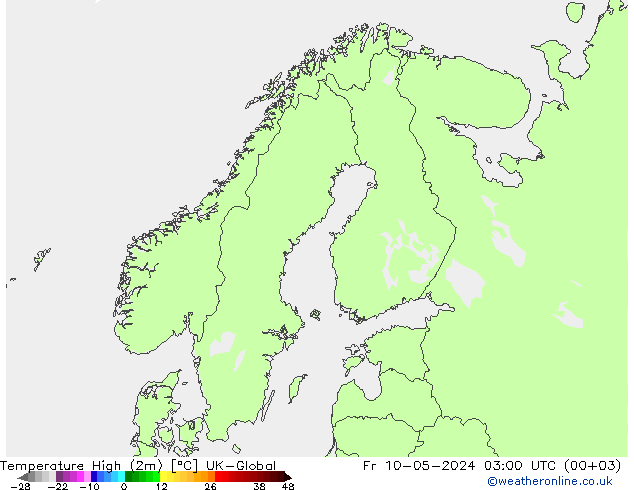 Nejvyšší teplota (2m) UK-Global Pá 10.05.2024 03 UTC