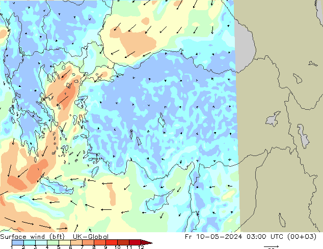 Surface wind (bft) UK-Global Pá 10.05.2024 03 UTC