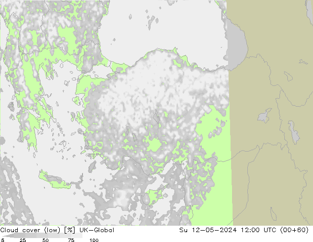 Cloud cover (low) UK-Global Su 12.05.2024 12 UTC