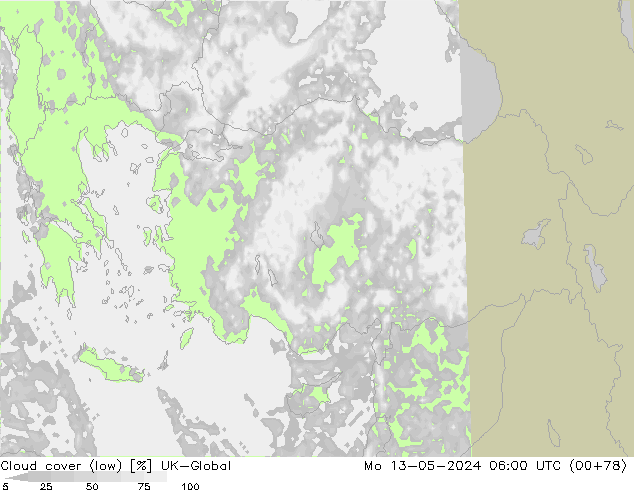 Cloud cover (low) UK-Global Mo 13.05.2024 06 UTC