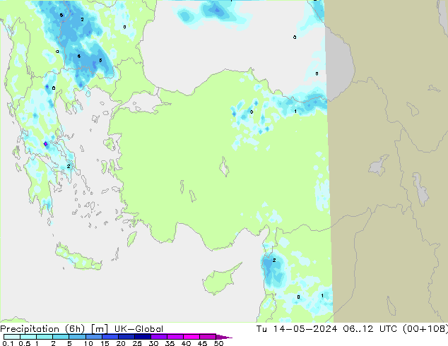 Precipitation (6h) UK-Global Tu 14.05.2024 12 UTC