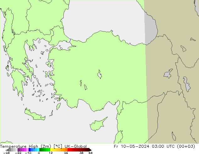 Temp. massima (2m) UK-Global ven 10.05.2024 03 UTC