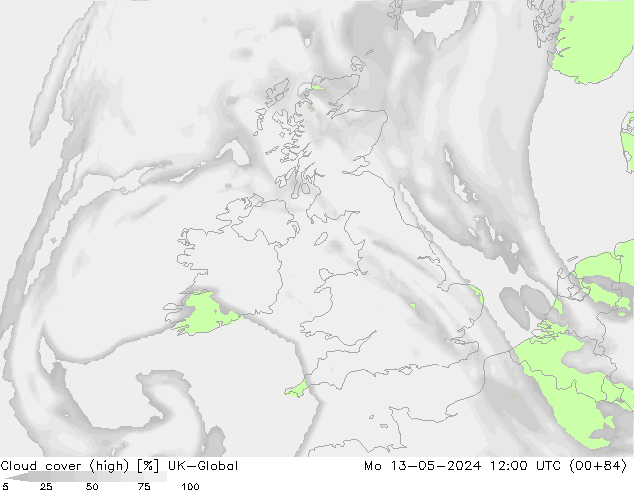 Cloud cover (high) UK-Global Mo 13.05.2024 12 UTC