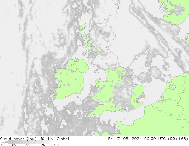 Cloud cover (low) UK-Global Fr 17.05.2024 00 UTC