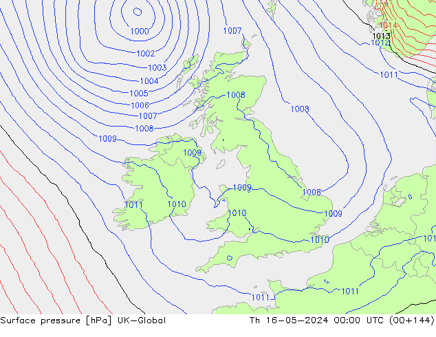 Presión superficial UK-Global jue 16.05.2024 00 UTC