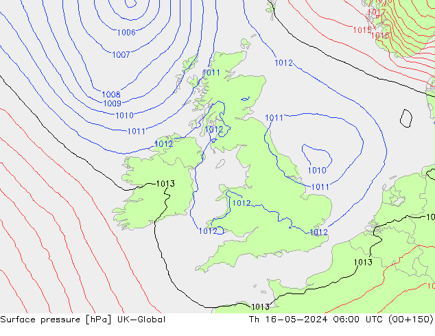 Presión superficial UK-Global jue 16.05.2024 06 UTC