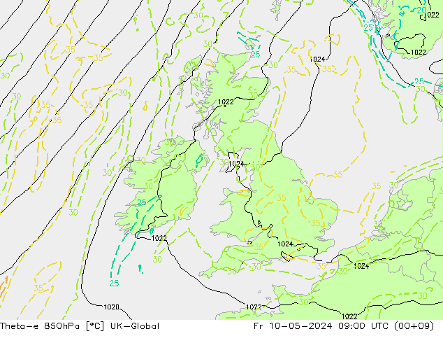 Theta-e 850hPa UK-Global Fr 10.05.2024 09 UTC