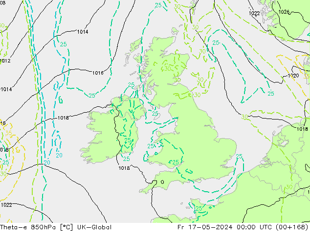 Theta-e 850hPa UK-Global Fr 17.05.2024 00 UTC