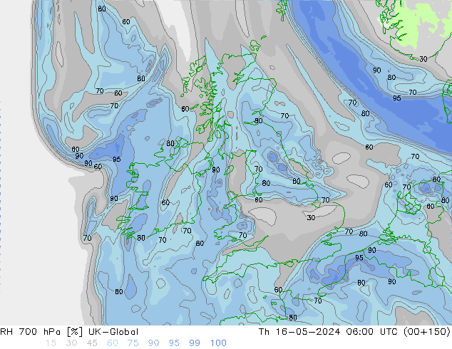 Humidité rel. 700 hPa UK-Global jeu 16.05.2024 06 UTC