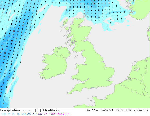 Precipitation accum. UK-Global so. 11.05.2024 12 UTC